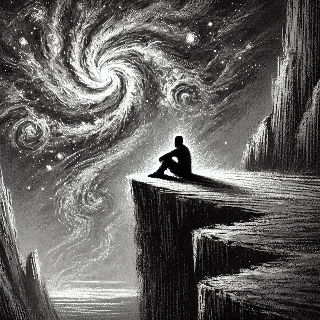 A figure contemplating the cosmos